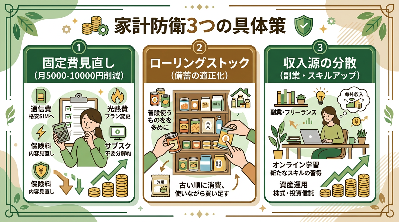 家計防衛3つの具体策 インフォグラフィック