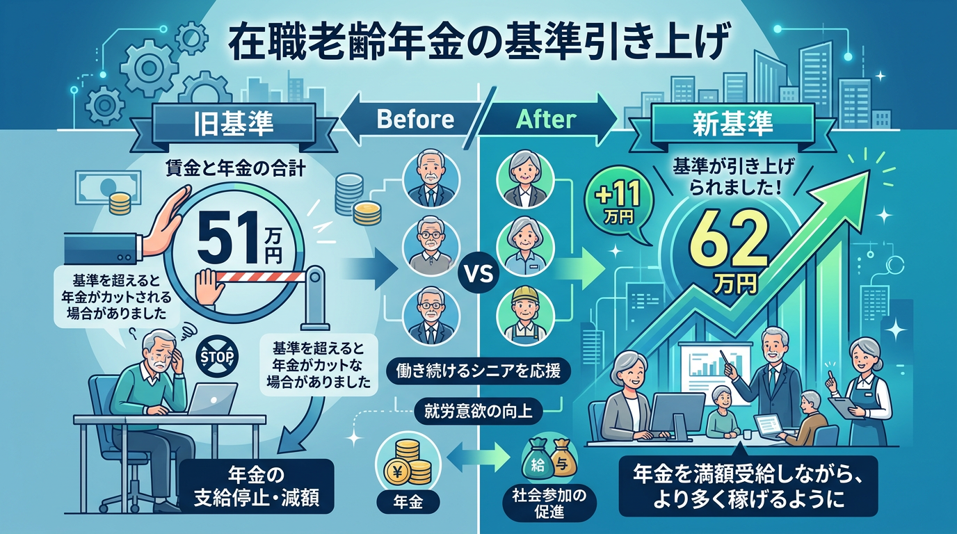 在職老齢年金の基準引き上げ インフォグラフィック