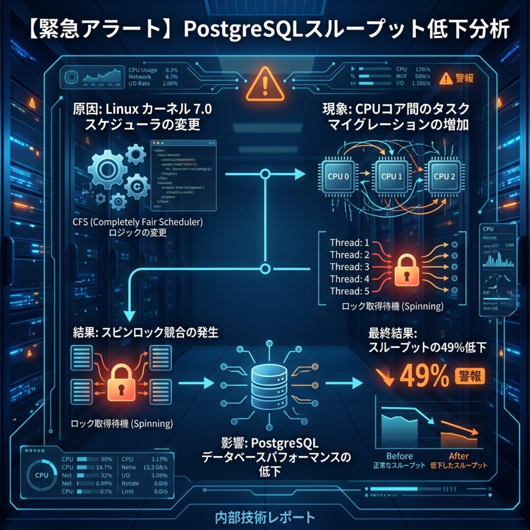 Linux 7.0でPostgreSQL性能半減、修正困難か図解1